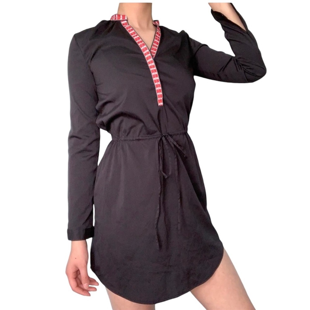 H&M Black Shirt Dress Womens V Neck Long Sleeve Tunic Mini Wrap Tie Waist